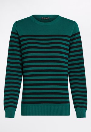 Grüner und schwarzer gestreifter Pullover mit Rundhalsausschnitt, gerippten Bündchen und Saum. Aus weichem Strickstoff gefertigt, mit gleichmäßigen horizontalen Streifen.