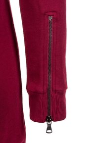 Manche d'un vêtement rouge avec une fermeture éclair noire verticale s'étendant du poignet à l'avant-bras sur un fond blanc.