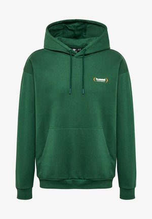 Groene hoodie van een katoenmix. Beschikt over een buidelzak, verstelbare trekkoorden en een logo op de borst. Standaard pasvorm.