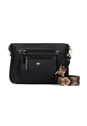 Borsa a tracolla in pelle nera con due tasche frontali con zip e tracolla in tessuto fantasia staccabile in tonalità marroni e beige.