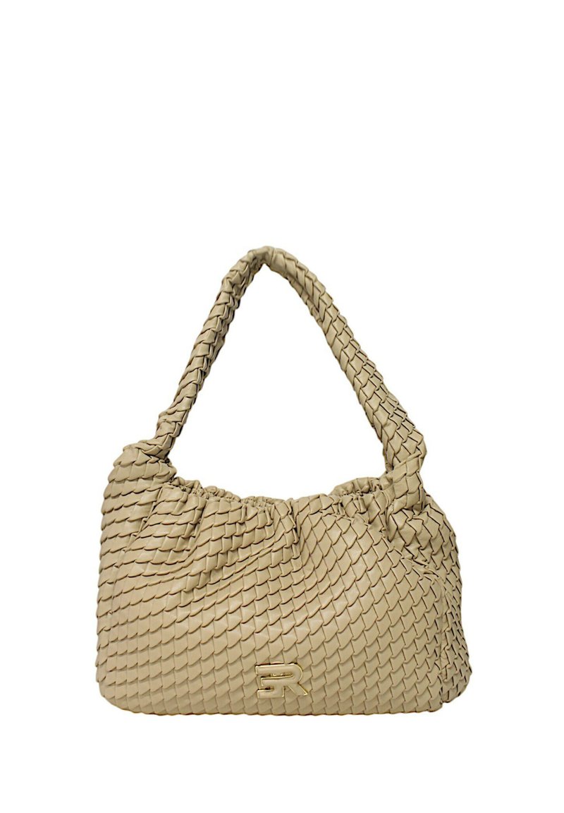 Borsa a tracolla in pelle intrecciata beige con design arricciato e manico intrecciato. Presenta un dettaglio del logo metallico sulla parte anteriore.