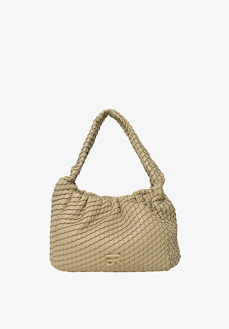 Borsa a tracolla in pelle intrecciata beige con design arricciato e manico intrecciato. Presenta un dettaglio del logo metallico sulla parte anteriore.