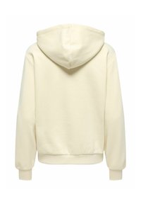Sweat à capuche couleur crème, manches longues, poignets côtelés, avec capuche, vu de dos sur fond blanc.