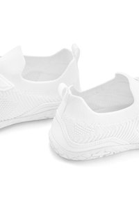 White slip-on shoes with a textured knit upper, elasticated opening, and a flexible rubber sole. Features rear pull tabs for easy wear.