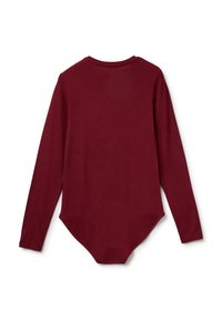Burgundowy body z długim rękawem, okrągłym dekoltem, miękką teksturą i zwężającym się dołem. Bezdotykowy design pleców dla dopasowanego wyglądu.