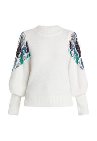 Witte trui van zacht materiaal met pofmouwen, versierd met kleurrijke pailletten in groene, blauwe, paarse en zwarte patronen.