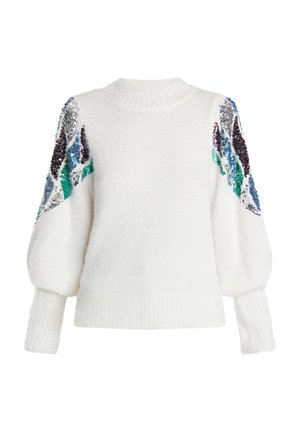 Witte trui van zacht materiaal met pofmouwen, versierd met kleurrijke pailletten in groene, blauwe, paarse en zwarte patronen.