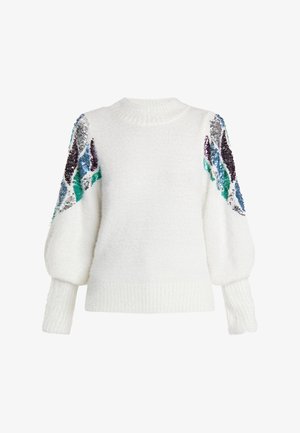 Baltas megztinis iš minkštos medžiagos, su pūstomis rankovėmis, puoštomis spalvingais sequinais žalia, mėlyna, purpurine ir juoda spalvomis.