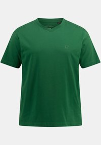 Grøn bomulds T-shirt med V-udskæring, korte ærmer og et diskret logo på fronten. Har en glat tekstur og almindelig pasform.