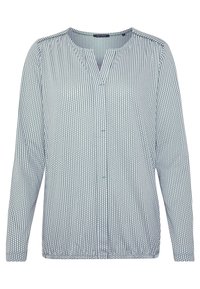 Blusa a maniche lunghe con bottone, bianca e blu navy, caratterizzata da un motivo geometrico a pois. Presenta un collo a V e dettagli arricciati sulle spalle.