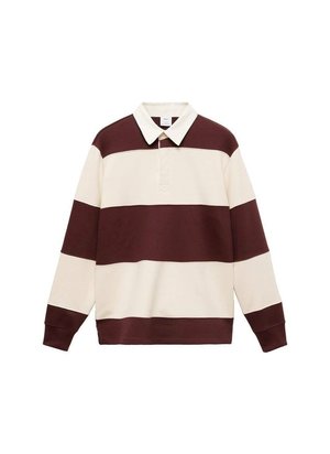 Langsleeve polo shirt met afwisselend donkerbruin en crèmekleurige horizontale strepen, een kraag en ribgebreide manchetten. Zachte stoftextuur.