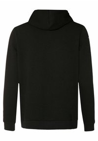Sudadera negra con una textura suave, con un diseño clásico de tipo sudadera, capucha fija y puños acanalados. Sin logotipos ni patrones visibles.