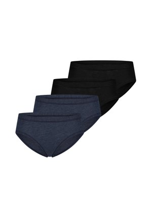 Dwie pary czarnych i dwie pary ciemnoniebieskich damskich majtek typu brief ułożonych na białym tle.