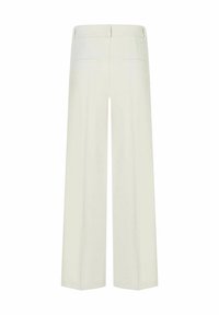 Wide-leg cream trousers with a smooth texture, featuring a fitted waistband, two back pockets, and a clean, minimalist design.