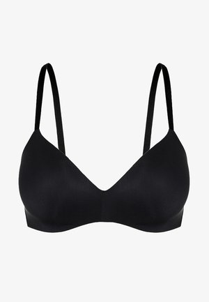 Bra wireless nero in tessuto liscio, con spalline regolabili e design a scollatura a V. Stile minimalista senza hardware o decorazioni visibili.
