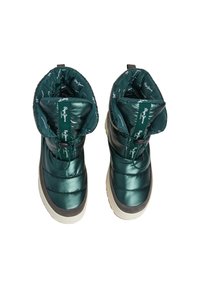 Botine verzi umflate până la gleznă, cu partea superioară din material sintetic matlasat, talpă din cauciuc și căptușeală cu logo imprima. Prezintă un sistem de închidere cu șnur securizat.