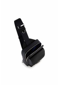 Borsa a tracolla nera con esterno testurizzato, scomparti con zip, tracolla regolabile e dettagli in metallo argentato.