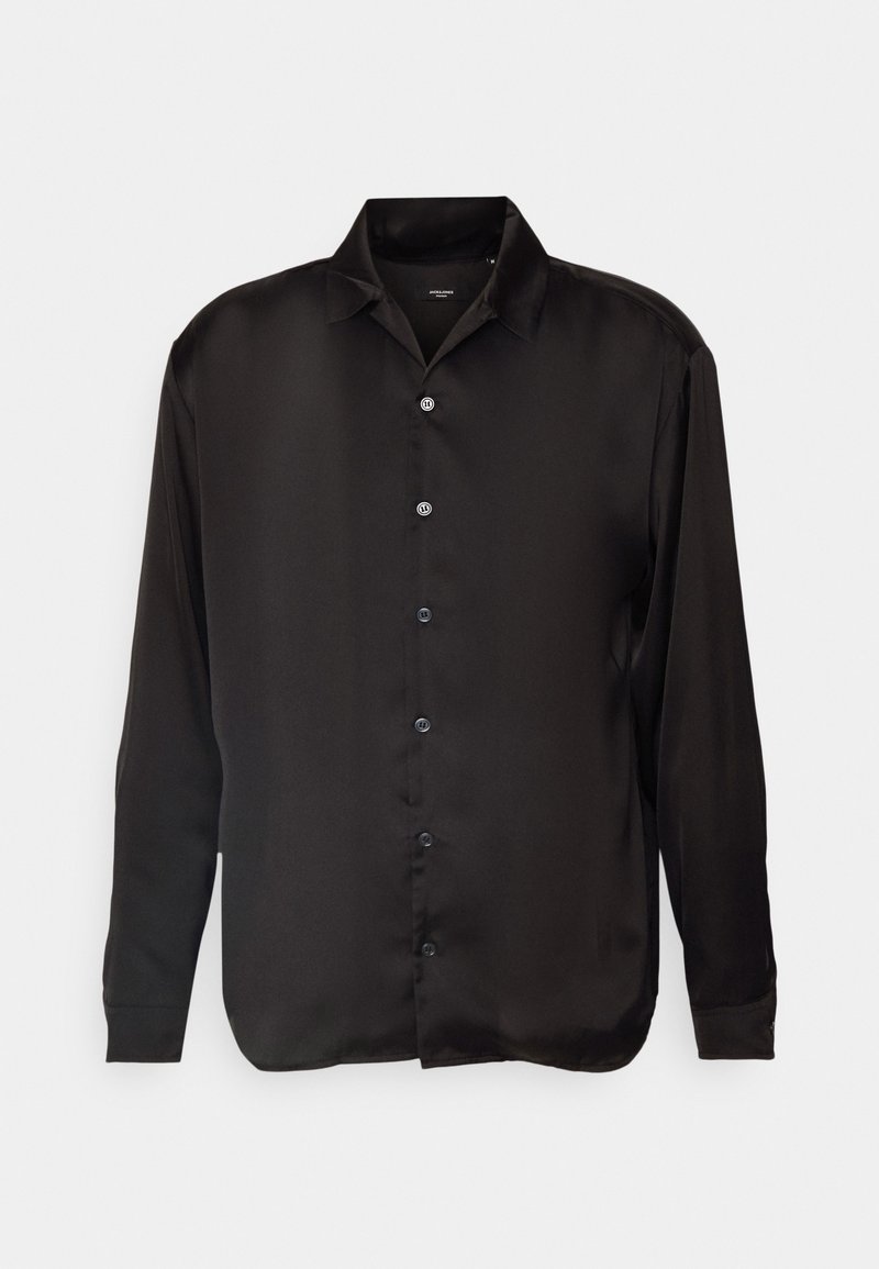 Zwarte lange mouwen shirt gemaakt van gladde satijn, met een gekleed halslijn en zes frontknopen, met een relaxte pasvorm en ronde zoom.