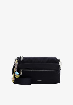 Zwarte rechthoekige schoudertas met zilveren ritsen, decoratieve kralen aan het bandje en het "SURI FREY" logo op het voorvak.