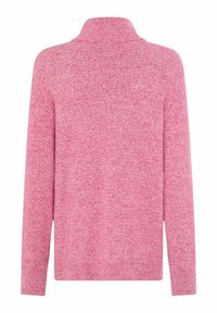 Rosa gestrickter Pullover mit hohem Kragen, langen Ärmeln und einem strukturierten Muster. Gerippte Bündchen und Saum schaffen eine entspannte Silhouette.