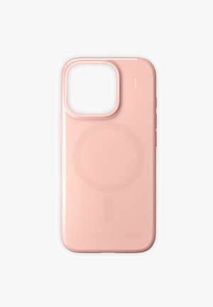 Pink smartphone-etui med en blank finish, et cirkulært magnetmønster til trådløs opladning og en udskæring til kameralinsen.