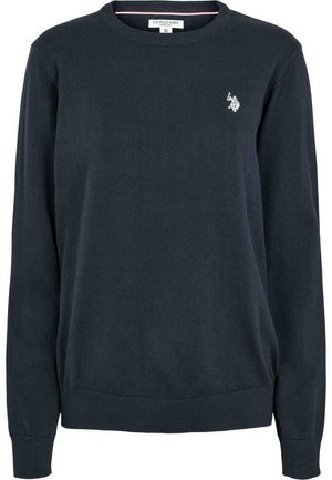 Granatowy sweter z długim rękawem i okrągłym dekoltem, z mankietami i dołem wykończonymi ściągaczem, z małym białym logo gracza polo na lewej piersi.