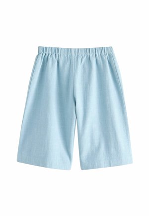 Lichtblauwe linnen shorts met een elastische tailleband, losse pasvorm en een subtiel gestructureerd patroon overal. Lengte tot halverwege de dijen.