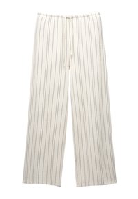 Pantaloni leggeri in crema con sottili righe verticali blu. Presentano una vita elastica e un cordoncino regolabile. Gamba larga e dal taglio morbido.
