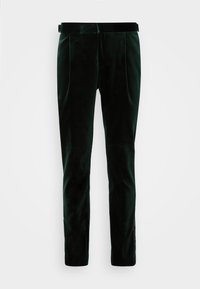 Green velvet trousers with a smooth texture, featuring a tailored fit, two front pleats, and a side seam detail.