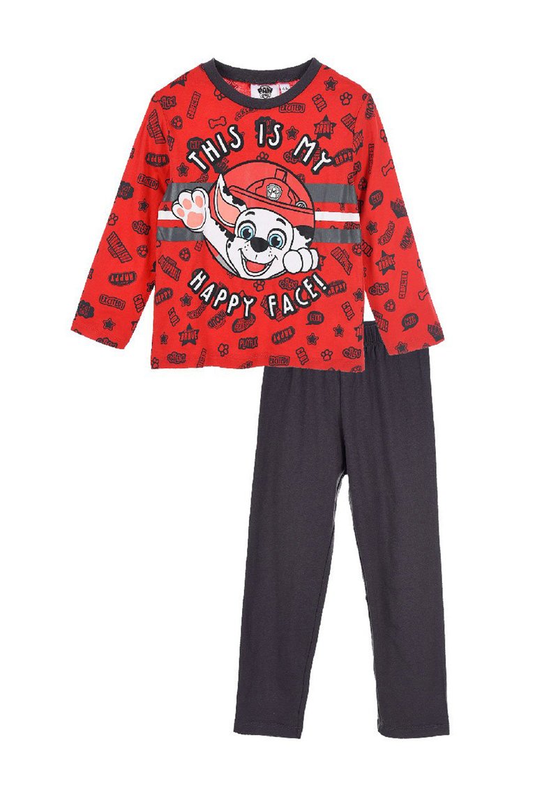 Rode pyjama set met een langmouw top met grafische print en tekst, gecombineerd met donkergrijze broek. Gemaakt van zachte stof met een relaxte pasvorm.