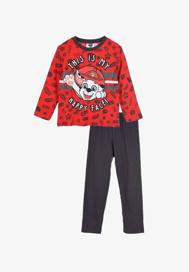 Ensemble de pyjama rouge comprenant un haut à manches longues avec une impression graphique et du texte, associé à un pantalon gris foncé. Fabriqué en tissu doux avec une coupe décontractée.