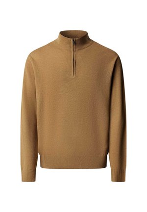 Jersey de punto marrón de manga larga con puños y bajo acanalados, con cremallera corta y cuello alto.