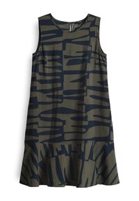 Sleeveless dress in olive green with a navy abstract pattern. Flared bottom hem and a round neckline. Made from lightweight fabric.