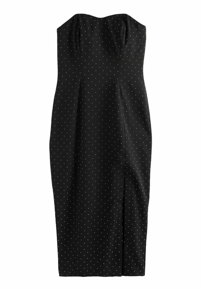Melna strapless midi kleita ar baltām punktiņām, pieguļoša silueta un neliela griezuma priekšā svārkos.