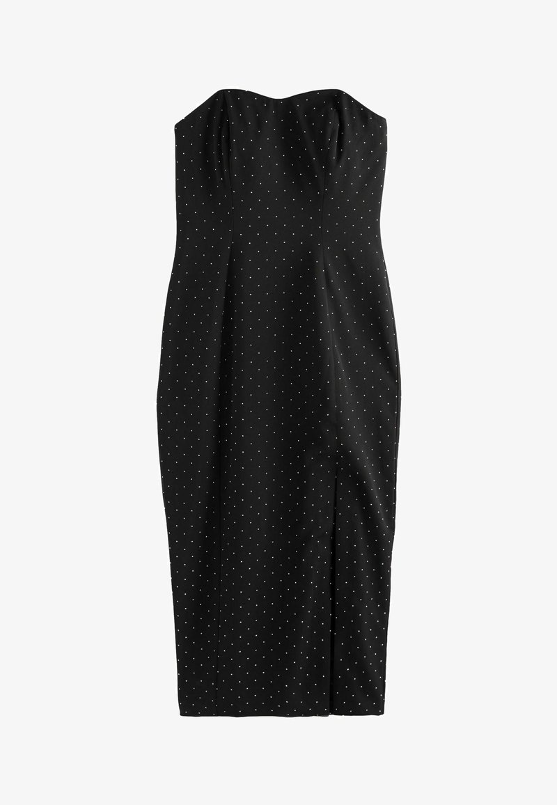 Melna strapless midi kleita ar baltām punktiņām, pieguļoša silueta un neliela griezuma priekšā svārkos.