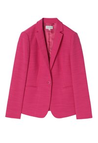 Fuchsiový růžový blejzr s hladkou texturou, zapínání na jeden knoflík, klopový límec a dvě přední kapsy. Podšívkový interiér.