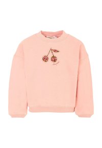 Felpa rosa con scollo rotondo, maniche lunghe e design floreale ricamato a forma di ciliegia sul petto. Texture morbida e polsini a costine.