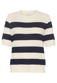 Gestreiftes kurzärmliges Strickoberteil in Marineblau und Creme mit Rundhalsausschnitt, das eine weiche Textur und eine lockere Passform aufweist. Etikett im Kragen sichtbar.