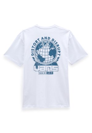 Weißes Baumwoll-T-Shirt mit einem blauen Globus-Grafik und dem Text "DISTORT AND DISRUPT" mit Blitzakzenten sowie dem Markennamen "VANS".