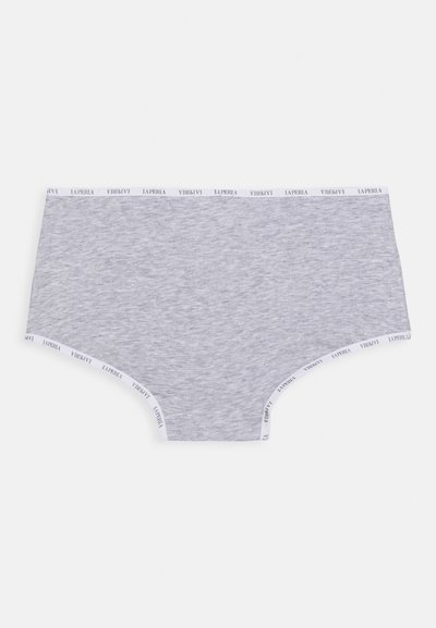 Cuecas hipster cinzentas em algodão com uma textura suave, apresentando uma cinta branca marcada com "LA PERLA" em um padrão repetido.