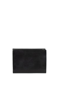 Portafoglio in pelle nera con superficie testurizzata, caratterizzato da una forma rettangolare slim e chiusura superiore con zip. Design minimalista senza hardware visibile.