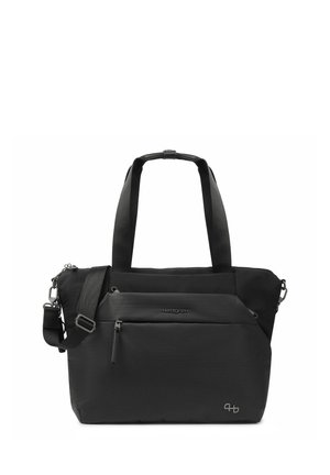 Black Hedgren tote bag with dual handles, adjustable shoulder strap, front zippered pocket, and small logo on the lower right corner.