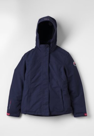 Navy blue hooded winter jacket with front zipper, snap button closure, side pockets, and small logo on left sleeve.