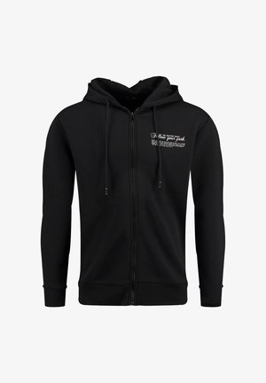 Zwarte zip-up hoodie van zacht materiaal, voorzien van een drawstring capuchon, geribde boorden en tekstdetail op de borst.