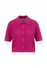 Kortärmad, fuchsia cardigan med ett strukturerat stickat mönster, klassisk krage och sex framknappar. Slät, lätt material.