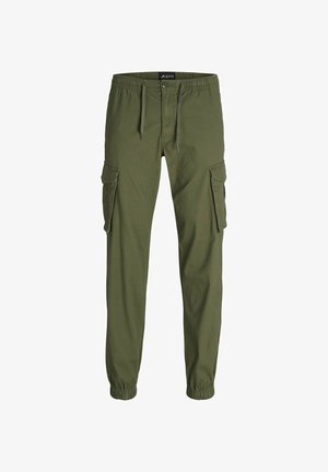 Roheline kauged püksid elastse vöökoha, reguleeritava nööriga, mitme küljetasku ja elastsete mansettidega pahkluude juures. Valmistatud vastupidavast kangast.