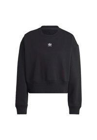 Black cropped sweatshirt made of soft fabric, featuring a round neckline, long sleeves, and a small white Adidas logo on the chest.