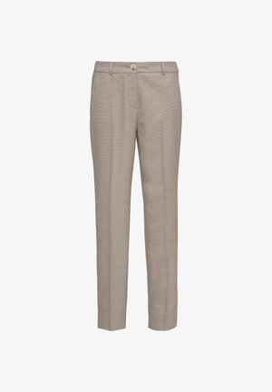 Beige maßgeschneiderte Hose mit strukturiertem Muster, frontale Tasche und einem einzelnen Knopfverschluss am Bund. Schlanker, gerader Schnitt.