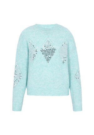 Světle modrý pletený svetr s volným střihem, zdobený diamantovými vzory a metalickými flitry na přední části a rukávech. Měkká textura.