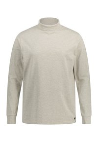 Ljusgrå turtleneck-tröja med långa ärmar, tillverkad av mjukt, strukturerat tyg. Har en hög krage och en liten logotypdetalj nära fållen.